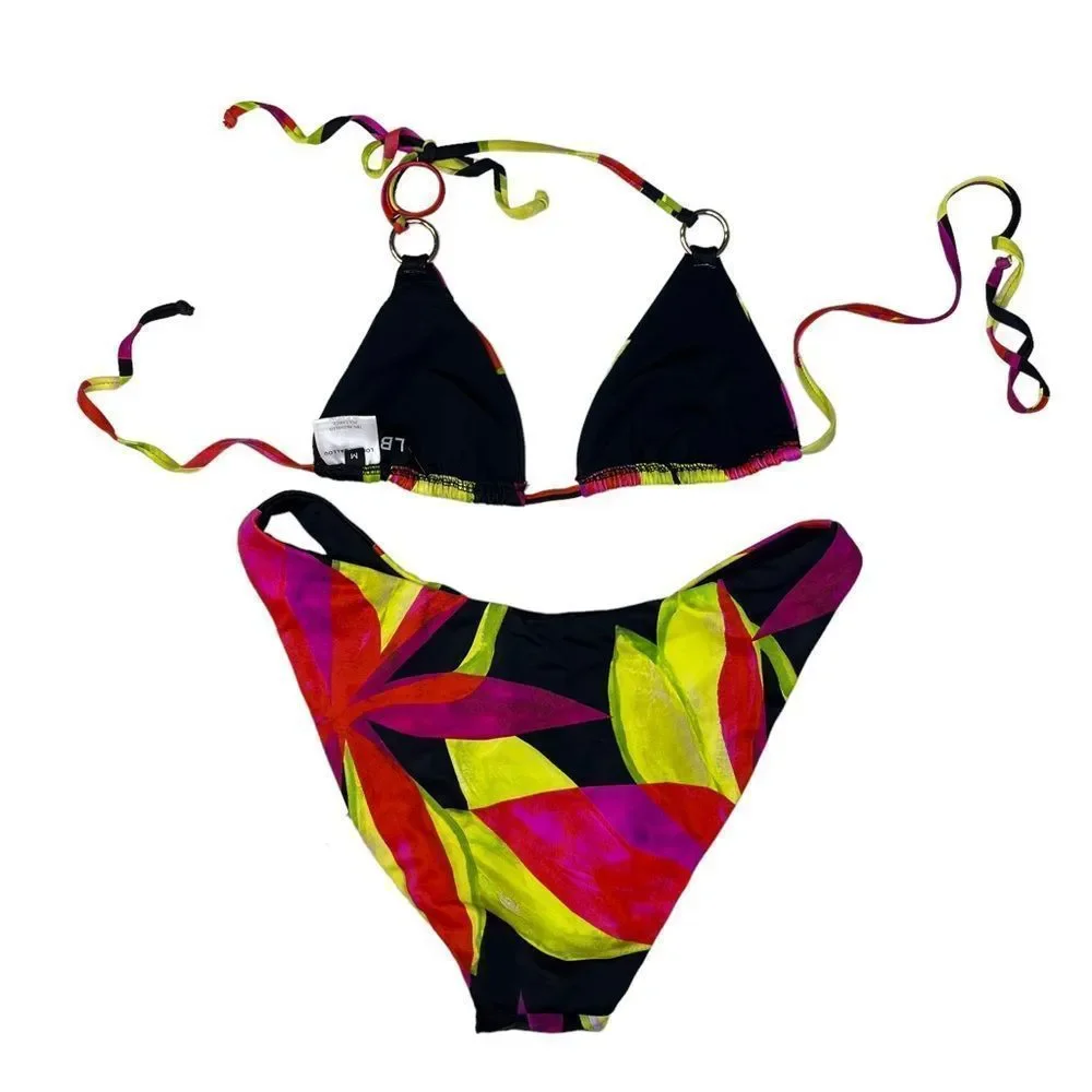 NEW Louisa Ballou Mini Ring Triangle Bikini Electric Pink Flower Medium - Picture 6 of 11